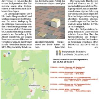 Am Freitag den 11. Juli werden in der Samtgemeinde Stolpersteine verlegt. Wir bieten an, gemeinsam die Stationen mit dem Fahrrad abzufahren. Wer Interesse hat komme bitte um 9 Uhr zur Hauptstr. 42 in Hambergen. Der Zeitplan ist knapp bemessen für Radfahrende aber es müsste klappen 🌻🚲🚲🚲